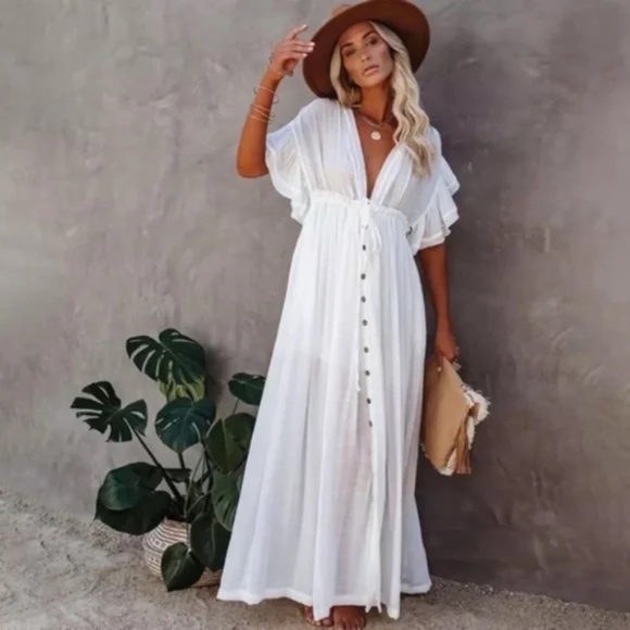 SOLD OUT White Boho Gauze Semi Sheer Button Maxi Casual Vacation Dress - Picture 6 of 7